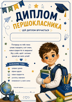 Диплом першокласника посвідчення свідоцтво формат А4 для хлопчика