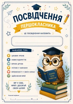 Посвідчення першокласника свідоцтво А4 формату для 1 класу