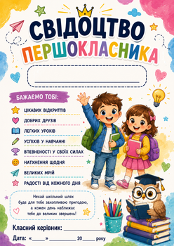 Свідоцтво першокласника посвідчення диплом 1 клас формату А4