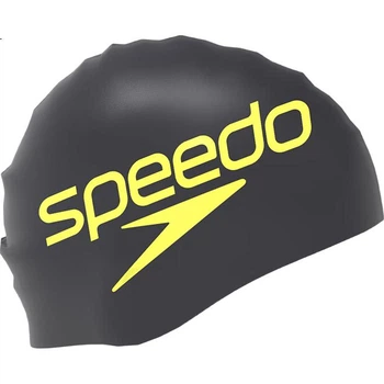 Плавательная шапочка Speedo, модная, с цветным логотипом, силиконовая, удобная, водонепроницаемая, для защиты волос, черно-желтая.
