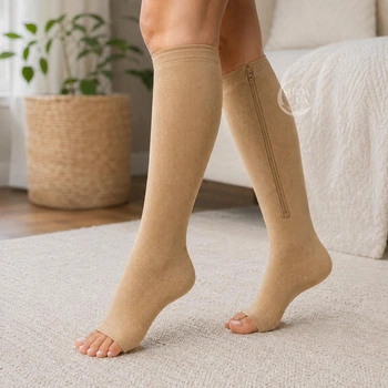 Гольфи для профілактики варикозу компресійні еластичні Zip Sox, стягуючі гольфи для зняття втоми та набряків ніг, з блискавкою, розмір L/XL, 2 шт у комплекті Бежеві, ZSG-150-L/XL-Beige