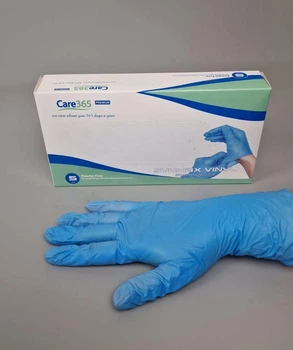 Рукавички одноразові вінілові блакитні CARE 365, розмір S, 100 шт, неопудрені, для огляду, клінінгу та сервісу