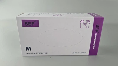 Рукавички одноразові вінілові білі SEF, розмір M, 100 шт, неопудрені, для огляду, клінінгу та сервісу