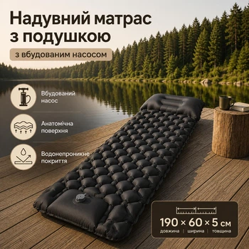 Туристичний надувний матрац / каремат з подушкою і вбудованим насосом Чорний