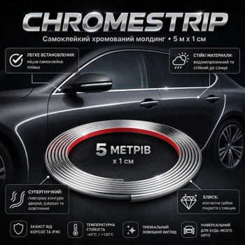 Самоклеящаяся хромированная молдинг для кузова автомобиля ChromeStrip, 5 м