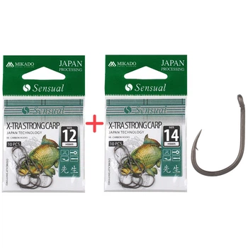 Набір гачків Mikado Sensual X-Tra Strong Carp No12 та No14 (вушко) 2x10шт. (black matt)