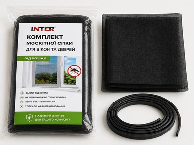 Комплект москитной сетки INTER 1,6 × 1 м для окон и дверей с черным уплотнителем 6 м