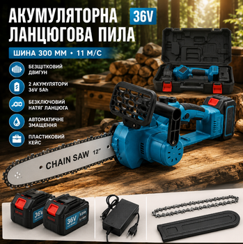 Аккумуляторная цепная пила 36V 5Ah с двумя аккумуляторами безщеточным двигателем шиной 300 мм безключевым натяжением цепи пластиковым кейсом