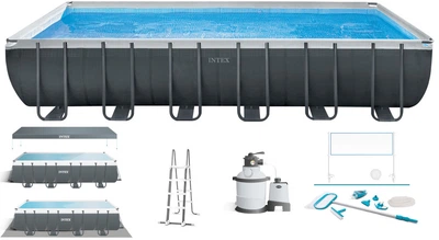 Каркасный бассейн Intex 26368 прямоугольный 732х366х132 см, 31805 л, с картриджным фильтром, лестницей, тентом