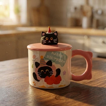 Чашка порцелянова дитяча з ручкою та кришкою з яскравим принтом котика Kitten's Birthday 400 мл подарункова святкова кружка із порцеляни для дітей 11х9 см Рожевий