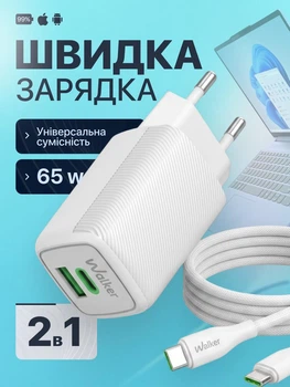 Зарядное устройство GAN 65W с кабелем Type-C быстрая зарядка для ноутбука планшета телефона айфона сетевой мощный блок питания 2в1 для MacBook IPhone IPad Apple адаптер питания PD QC 3.0 зарядник юсб тайпси WALKER зарядки для ноутбуков телефонов