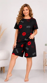 Пижама женская (футболка+шорты) Saimeiqi 2XL 50-52 Черная (15026)