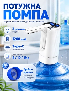 Помпа електрична для води диспенсер автоматичний 3 режими 1200mAh для бутильованої води BRS White