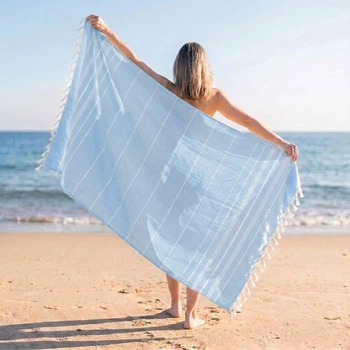 Пляжное полотенце peshtemal Light Blue 100х180 см большое турецкое пoлотенце пештемаль для пляжа бассейна хамама бани голубое