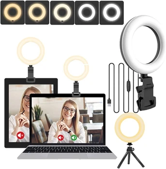 Кольцевая LED лампа 5” XINBAOHONG F-601A с клипсой и штативом, USB подсветка для стрима, Zoom, TikTok, ноутбука