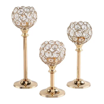 Комплект подсвечников Lesko JY-0307 Gold металлические высокие 3 предмета с хрустальными колбами