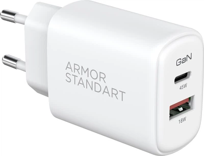 Мережевий зарядний пристрій ArmorStandart Poweraze 45W GaN Type-C + USB-A White (ARM90431)