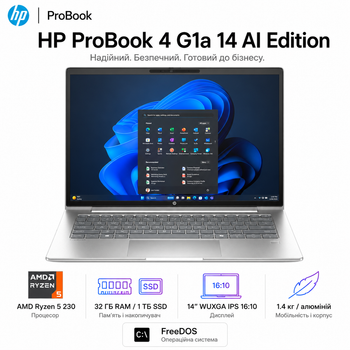 Ноутбук 14" HP ProBook 4 G1a 14 AMD Ryzen 5 230 32GB 1TB SSD Radeon 760M DOS Pike Silver (D4VG2ET)