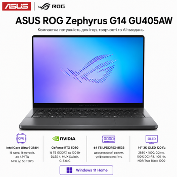 Ноутбук игровой 14" Asus ROG Zephyrus G14 GU405AW-SY049W Intel Core Ultra 9 386H 64GB 2TB SSD RTX 5080 W11 Home Eclipse Gray (90NR0P84-M002D0)