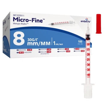 Шприцы инсулиновые с интегрированной иглой BD Micro-Fine Plus 1 мл U-40 (8 мм х 30G), 100 шт.