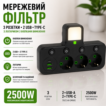 Сетевой фильтр на 3 розетки с 2 USB Type-C фонариком и кнопками отключения 2500 Вт