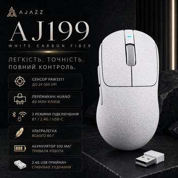 Бездротова ігрова миша Ajazz AJ199 White 24000 DPI Bluetooth/2.4G/USB-C PAW3311