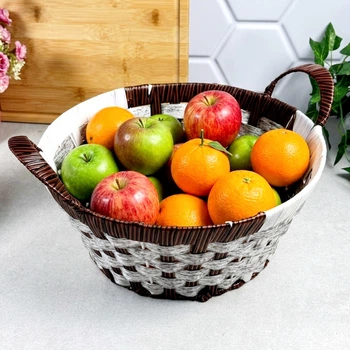 Кошик для фруктів і хліба плетений круглий з ручками 28×10 см, ПВХ, коричнево-білий