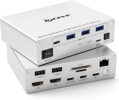 KVM-док станція KCEVE KVM202DK 15в1 для двох ноутбуків та двох моніторів 4K 60Hz USB-C біла