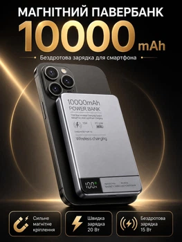 Магнитный павербанк Lexego 10000 mAh Gray PD 20W с беспроводной зарядкой MagSafe портативный внешний беспроводной аккумулятор, батарея магсейф для iPhone Android айфона MWPQ1-10-GR