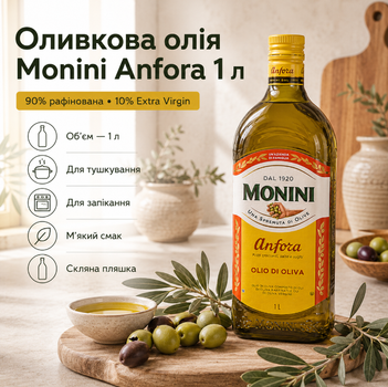 Оливковое масло Anfora рафинированное 1 л для жарки тушения запекания и выпечки в стеклянной бутылке