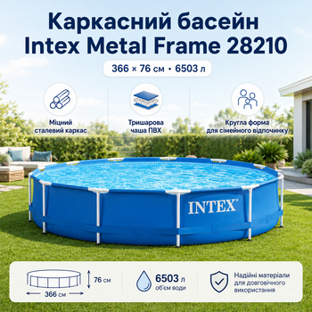 Каркасный бассейн Intex Metal Frame 366×76 см 6503 л круглый сборный садовый бассейн с трехслойной ПВХ-чашей для двора и дачи