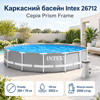 Каркасный бассейн Intex Prism Frame 366×76 см 6503 л круглый сборный бассейн с картриджным фильтр-насосом 2006 л/ч для двора
