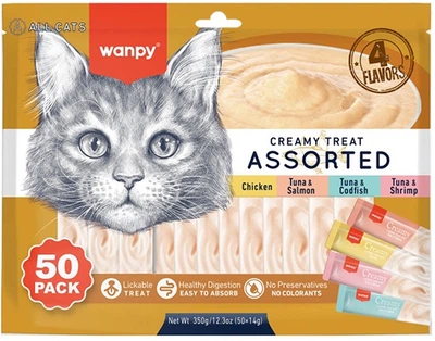 Набор кремовых лакомств для кошек Wanpy Snacks Creamy Treat Assorted ассорти 50 стиков 700 г (6927749871859)
