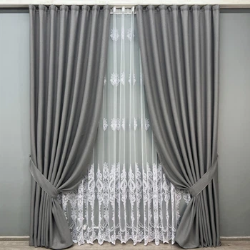 Комплект штор VR-Textil Льон Мішковина 150х270 2шт і Тюль 600х270 288ш-1571т Сірий з білим 71-188/5