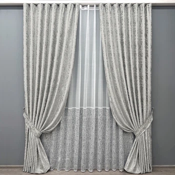 Комплект штор VR-Textil Лен Мрамор 100х270 2шт и Тюль 400х270 1263ш-1672т Светло-серый с белым 71-167/2