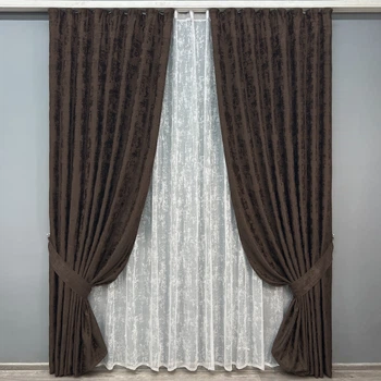 Комплект штор VR-Textil Жаккард Мрамор 100х270 2шт и Тюль 400х270 1122ш-1400т Венге с белым 71-191/2