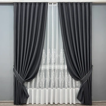 Комплект штор VR-Textil Льон Мішковина 200х270 2шт і Тюль 500х270 1161ш-1703т Графітовий з білим 71-178/6