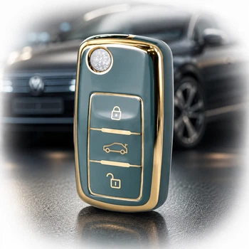 Чохол ключа Volkswagen зелений+золота окантовка (3 кнопки) TPU