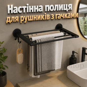 Настінна полиця для рушників з гачками самоклеюча без свердління, органайзер для ванної кімнати (чорна)