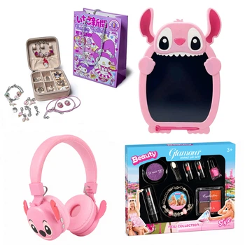 Великий подарунковий набір для дівчат Stitch × My Melody рожевий 4 в 1 Навушники + LCD планшет + Набір прикрас + Косметика
