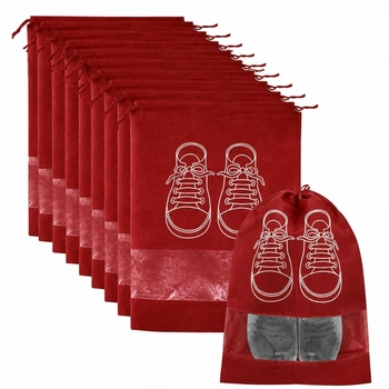 Набор чехлов для хранения и перевозки обуви Shoe Bag на затяжках, с окошком 10 шт 27 х 36 см Красный