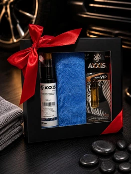 Подарочный набор для автомобиля AXXIS Premium Полироль пластика 120 мл + Автопарфюм VIP Gold + Микрофибра 30×30 см подарок мужчине парню (5743-9018)