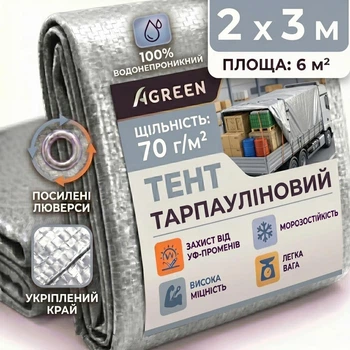Тент Agreen 2х3м 70г/м² з люверсами тарпаулін сріблястий 10705049