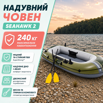 Надувная лодка Intex 66332 SEAHAWK 2 Set двухместная для рыбалки с тремя воздушными камерами и грузоподъемностью до 240 кг