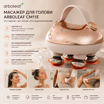 Массажер для головы Arboleaf CM11E с подогревом 47°C, беспроводной, IPX7, аккумуляторный, 360° разминающий массаж для головы, шеи