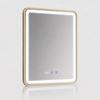 Зеркало для ванной комнаты LED Gold 80×60 см в золотой металлической раме с подогревом, часами и регулировкой яркости