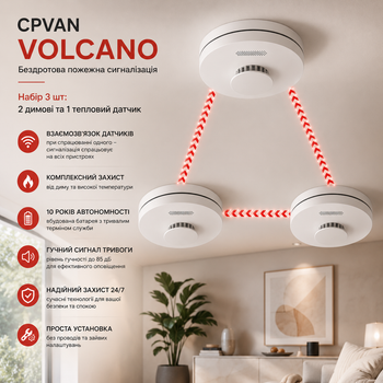 Беспроводная пожарная сигнализация CPVAN (Volcano): 2 дымовых и 1 тепловой датчики, 10 лет автономности, взаимосвязь (Набор 3 шт)
