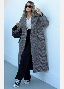 Пальто двобортне оверсайз вовна + бавовна сіре Hot fashion 40-125 - сірий - S-M