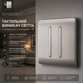 Уценка Тактильный выключатель света Trendi Switch двухклавишный двухпроходной, 10 А, 220 В, безвинтовая стальная панель, стальной