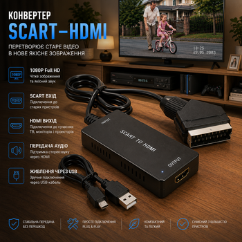 Конвертер SCART–HDMI 1080P з USB-кабелем, відео-аудіо адаптер для телевізора, проєктора, DVD, VHS і приставок